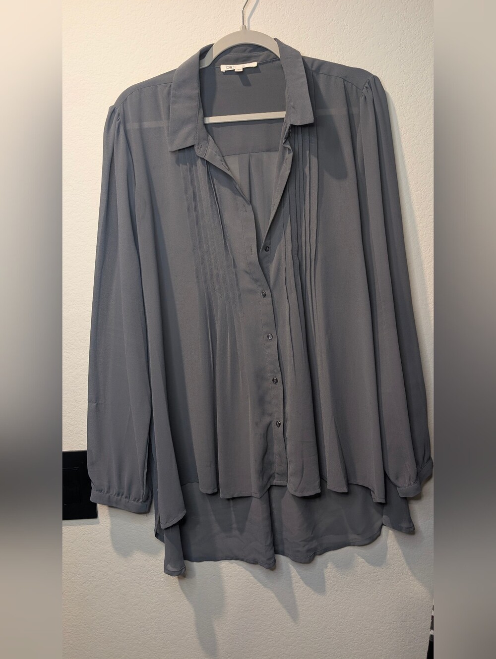 DR2 Gray Pleated Front Button-Down Blouse